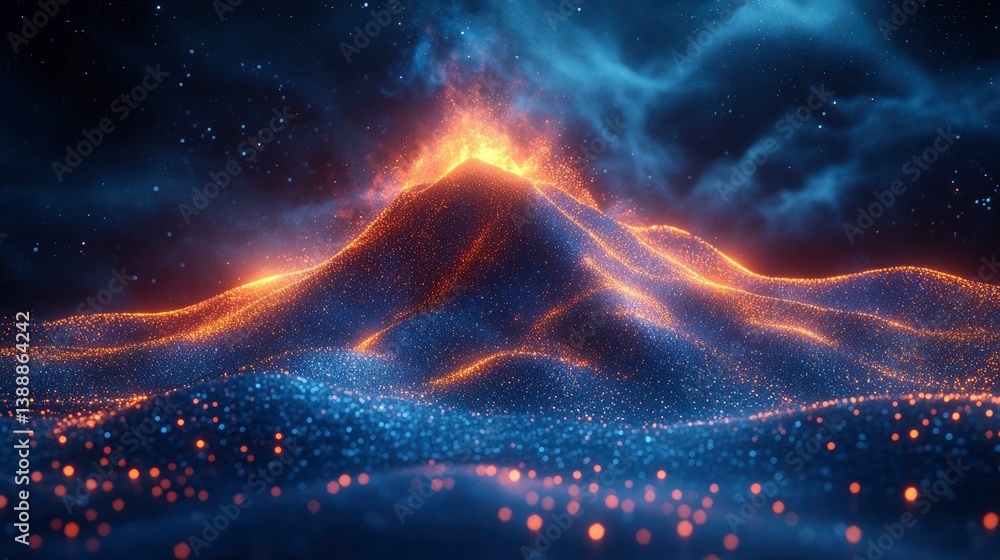Wall mural digital volcano erupting with particle effects and data streams