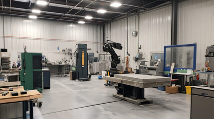 A robotic arm in a cutting edge construction material testing lab, surrounded by concrete samples, testing machines