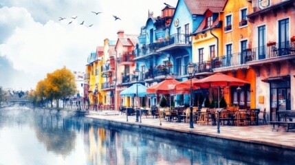 Fototapeta premium Charming European Village by Riverside: Vibrant Buildings, Old World Charm, Sepiatone Aesthetic