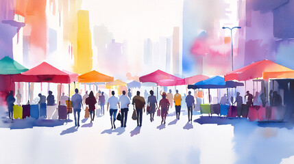 Colorful market scene with vibrant tents, people walking, and bright city backdrop, evoking lively atmosphere