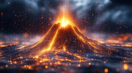 Digital volcano erupting with particle effects and data streams