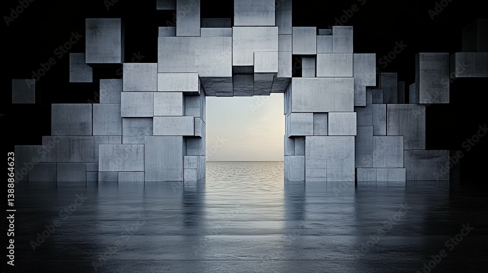 Poster concrete gateway to the sea: abstract architectural visualization of a large gateway made of gray co