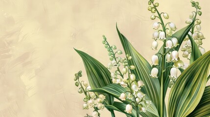 Lily of the valley celebration design for spring festivities. Horizontal banner. Copy space. Spring background. Vintage postcard