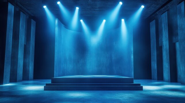 An industrial, empty blue chamber, bright spotlights directed at a modern medal podium 