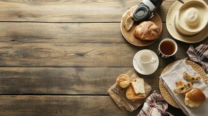 Rustic picnic breakfast spread on wooden planks