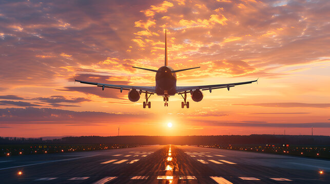 Airplane Landing Sunset: Scenic Aerial View of Aircraft Approach - Powered by Adobe