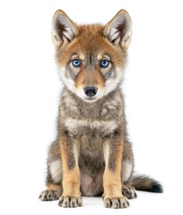 Fototapeta premium Coyote pup sits against a plain background for animal studies or wildlife conservation