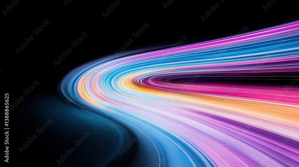 Poster abstract light trails: dynamic streaks of vibrant color curve across a dark background, creating an 