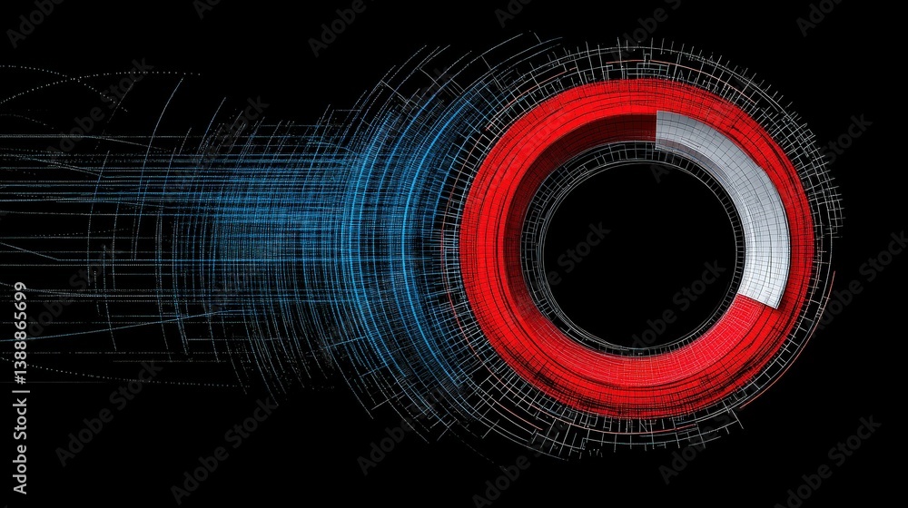Poster abstract technology circle: red and blue digital elements converge in a dynamic circular design, sug