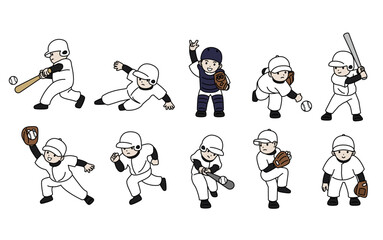 少年野球をする子供達のイラストセット