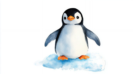 Obraz premium Cute penguin illustration standing on ice, showcasing its black and white feathers with orange feet, evoking playful and cheerful mood