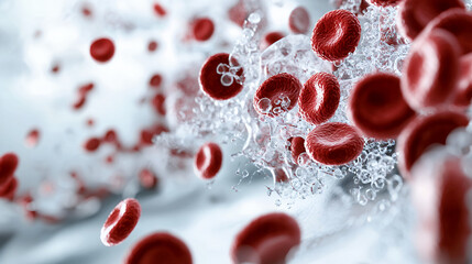 Red blood cells in motion, surrounded by bubbles, showcasing dynamic nature of blood flow. This captures essence of life and vitality