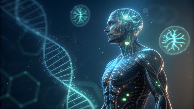 High-tech concept of a cybernetic human showing glowing neural networks and rotating DNA holograms. Great for AI in medicine, neuroscience, transhumanism, and futuristic health technologies. - Powered by Adobe