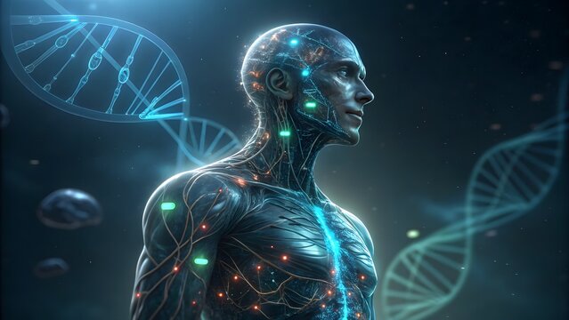 High-tech concept of a cybernetic human showing glowing neural networks and rotating DNA holograms. Great for AI in medicine, neuroscience, transhumanism, and futuristic health technologies. - Powered by Adobe