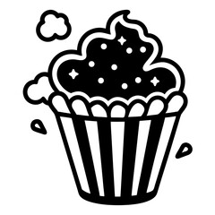 Black And White Vector Graphic Of A Cupcake With Sprinkles And Clouds