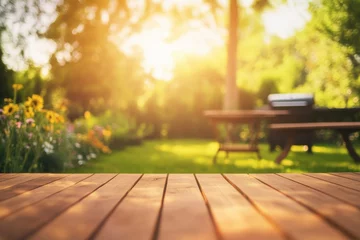 Foto op Canvas Sunny Summer Garden Background Wooden Table Grill Picnic day lawn warm view green relax happy bloom  © Meenaxi