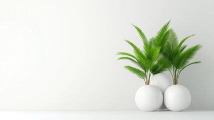 Three potted palm plants sit on three white spherical bases against a white wall. The image is clean and minimalist, with even lighting. The style is modern and serene. The color palette is limited