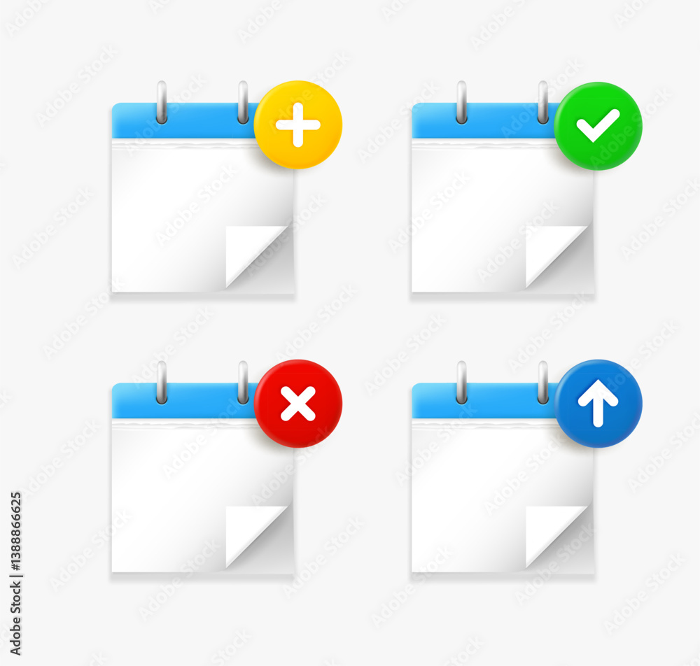 Poster binder icon set with different pictograms. 3d vector icons collection