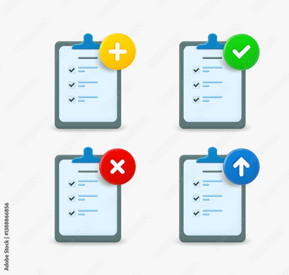 Poster checklist icon set with different pictograms. 3d vector icons collection