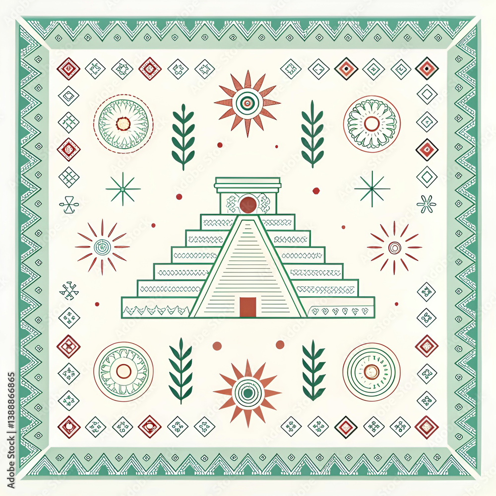 Poster a clean, modern interpretation of aztec patterns featuring geometric shapes, bold lines, and subtle 
