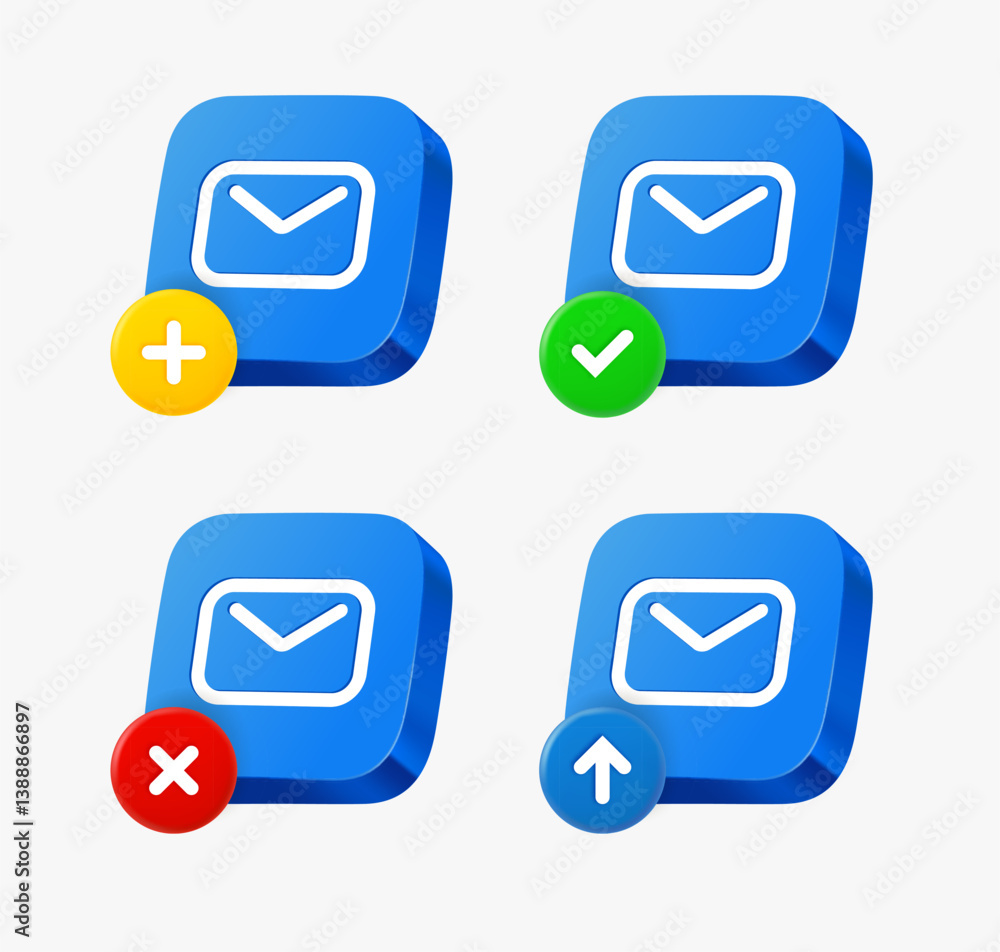 Poster envelope icon set with different pictograms. 3d vector icons collection