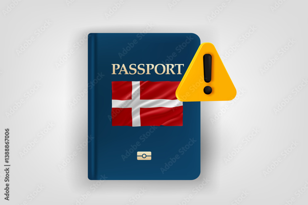 Poster passport with flag of denmark and exclamaion sign. low energy concept. vector 3d illustration