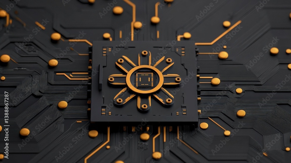 Aufkleber golden processor chip:close-up of a sophisticated golden processor chip, set against a dark circuit 