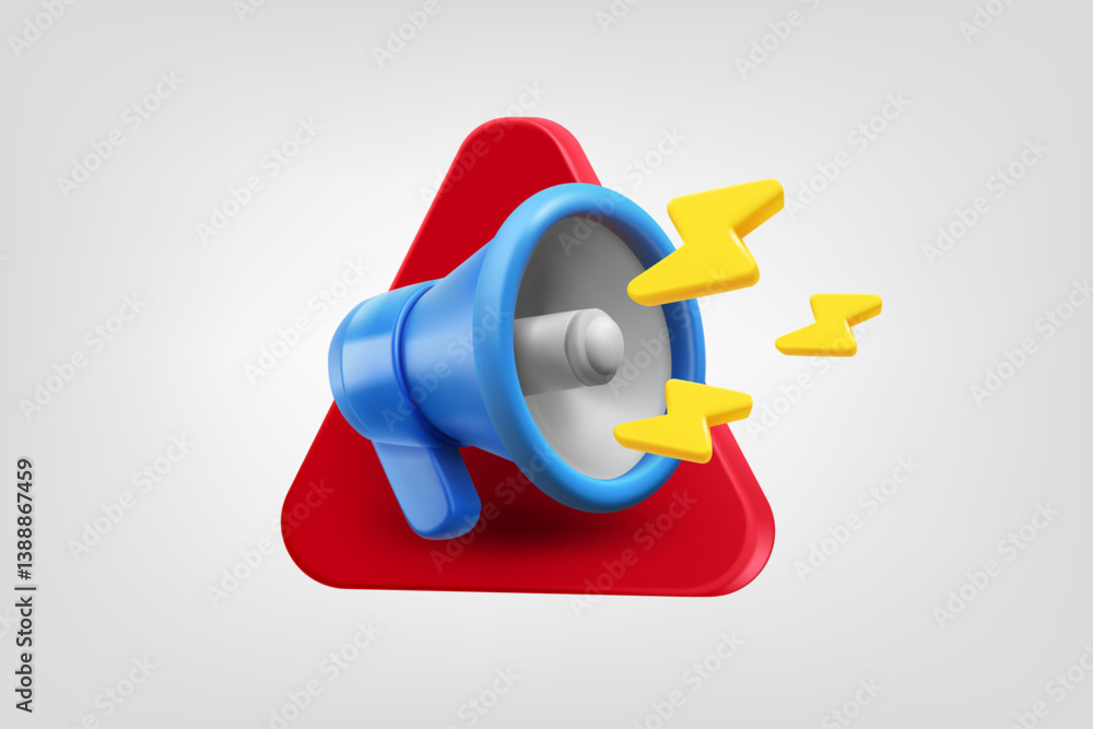 Poster Megaphone with flashes on red triangle. Vector 3d application icon