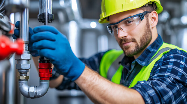 focused worker in safety helmet and goggles is adjusting pipes in industrial setting, showcasing dedication and skill