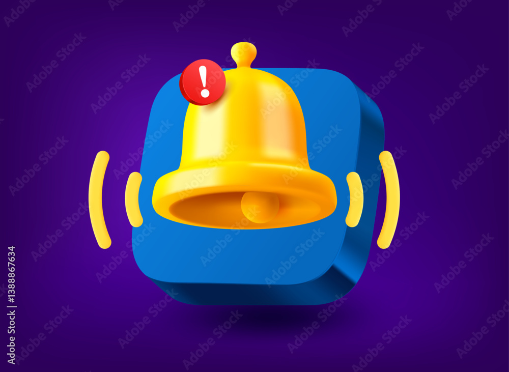 Poster notification concept with golden bell. vector 3d application icon