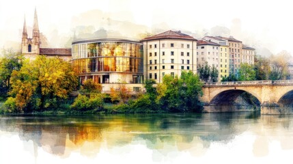 Fototapeta premium Charming European Village by Riverside: Vibrant Reflections, Old World Charm, Sepiatone Aesthetic