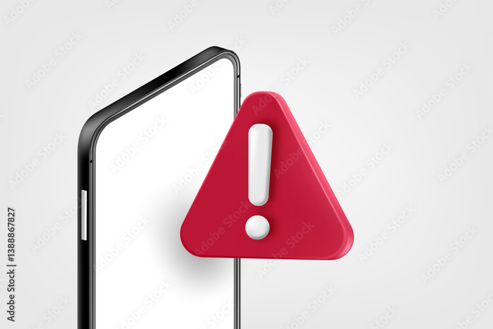 Poster mobile phone with axlamation sign. 3d vector concept