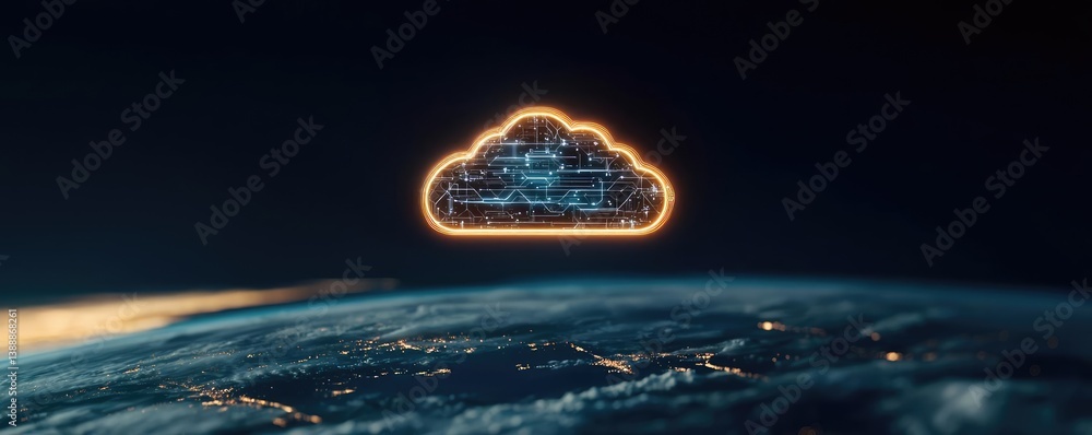 Poster clouds server glowing systems managing innovation on earth concept. illustration of cloud computing 
