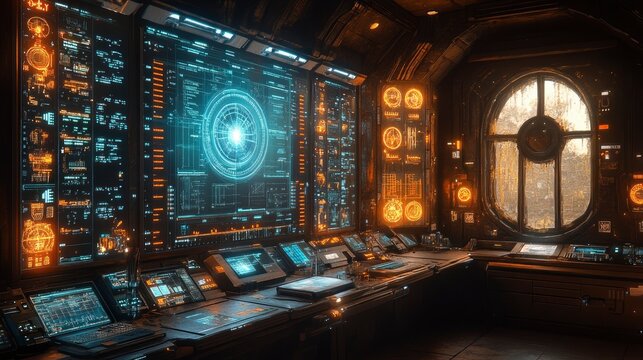 Futuristic digital laboratory with research visualization