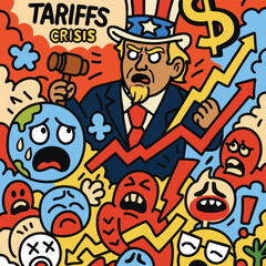 Obraz premium Colorful cartoon of global tariff crisis impact