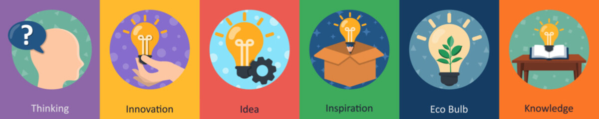 A set of 6 mix icons as thinking, innovation, idea