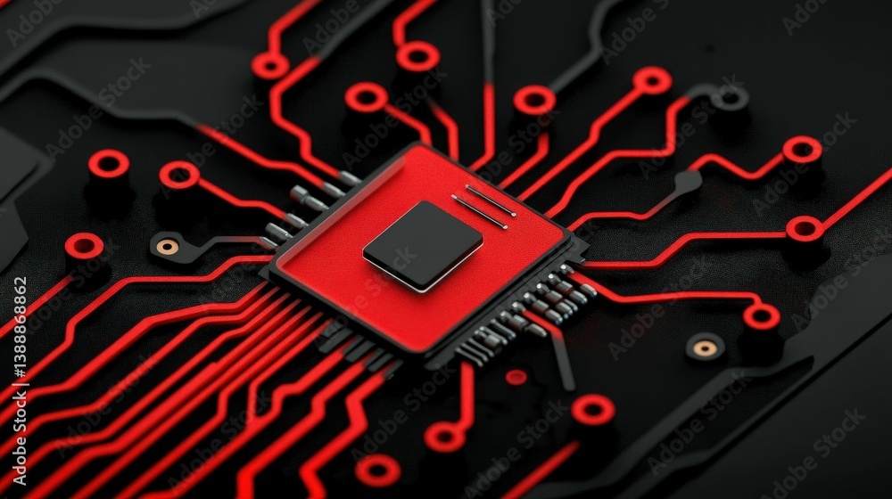 Poster red cpu on circuit board: a close-up shot of a central processing unit (cpu) chip, vibrant red again