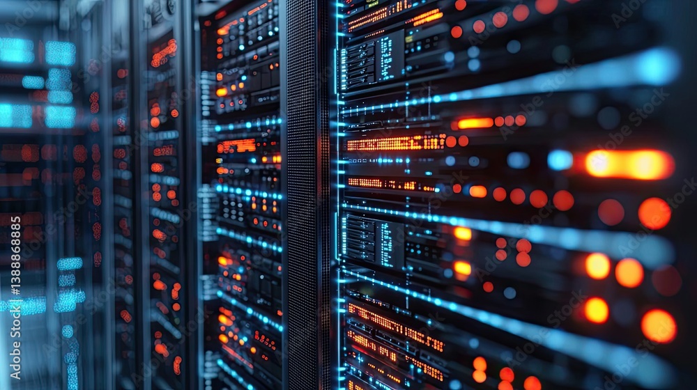 Poster clouds server glowing systems managing innovation on earth concept. close-up view of server racks wi