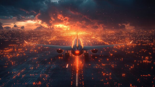 Futuristic digital airport with flight data visualization