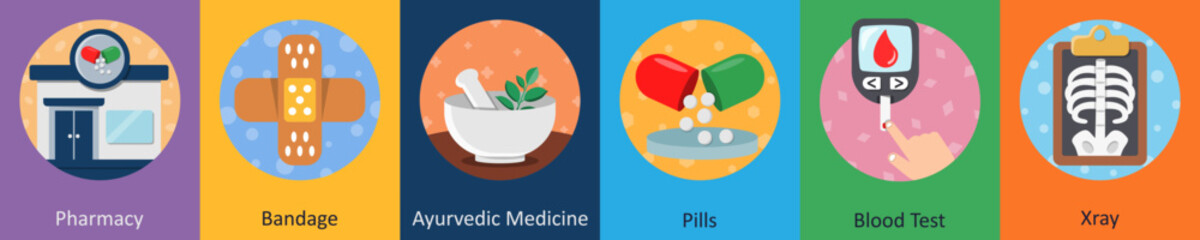 A set of 6 mix icons as pharmacy, bandage, ayurvedic medicine