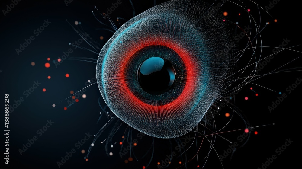 Poster digital eye: a stylized digital eye with glowing red iris surrounded by interconnected lines and dot