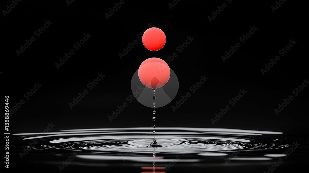 Poster red droplet collision: two vibrant red water droplets collide and merge, creating a mesmerizing spla