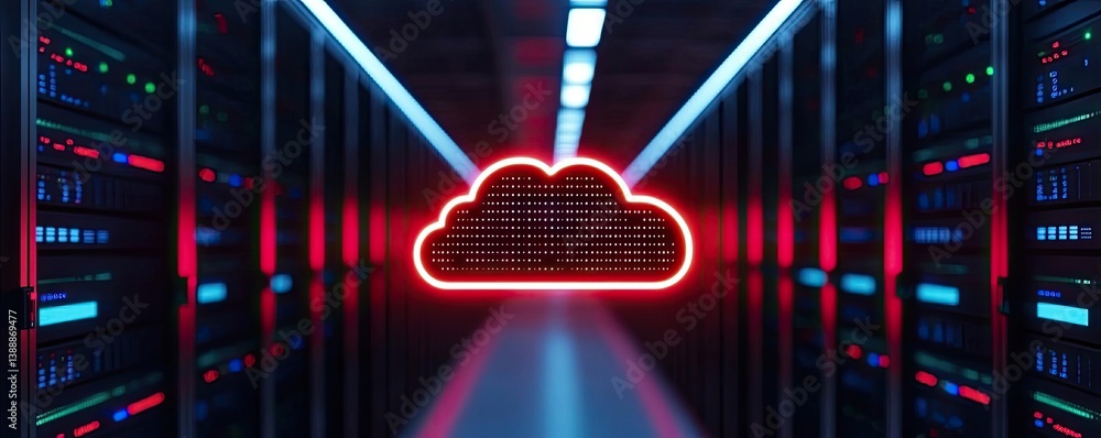 Poster clouds server intelligent innovation managing systems on earth concept. modern data center with clou