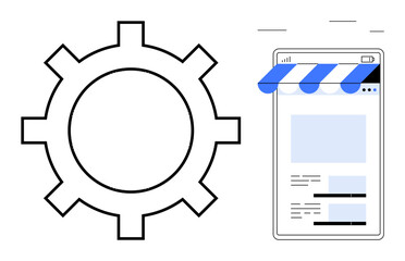 Large gear symbol beside a digital store interface with awning and product layout. Ideal for technology, e-commerce, automation, system setup, innovation, online integration, progress. Flat simple