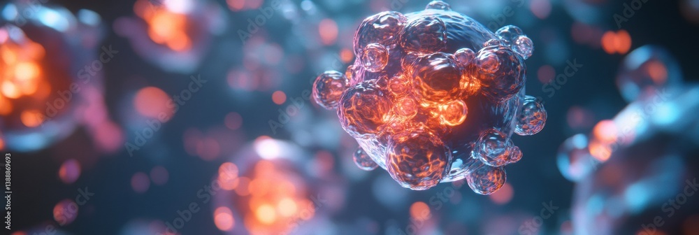 Poster exploring adeno-associated virus capsid proteins with hyper-detailed electron microscopy in vibrant 