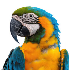 Naklejka premium Transparent background image isolate into png Summer time activities. Closeup Portrait of a Vibrant Blue and Yellow Macaw Parrot