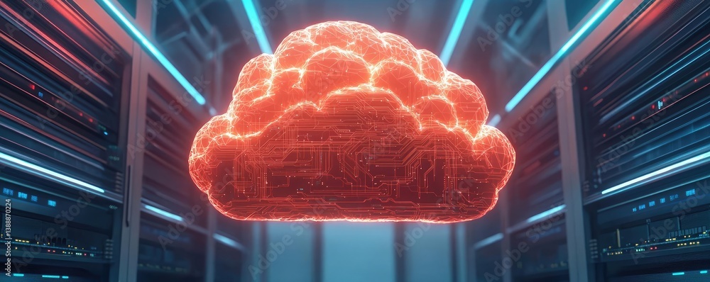 Poster cloud server intelligent system glowing in globalization concept. futuristic cloud storage system il