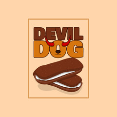 National Devil Dog Day will be celebrated on April 27th. Delicious treats with cream sandwich filling and bold text in a frame on beige background. Food event banner.