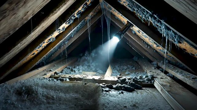 Abandoned dusty attic with wooden beams and light ray shining through roof hole