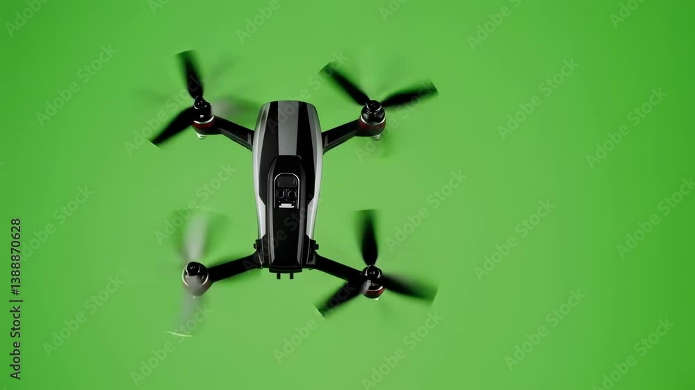 Poster quadcopter drone hovering and spinning against green screen background. demonstrating advanced aeria